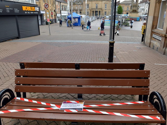 Mansfield Town centre 10 weeks into lockdown. Signs going up in preparation for more lockdown easing on Monday June 15th.