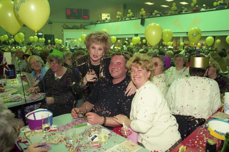 Coronation Street's Rita Fairclough, played by actress Barbara Knox, is pictured at the 1992 opening of the newly refurbished Gala Bingo with Phyllis and David Longstaff.