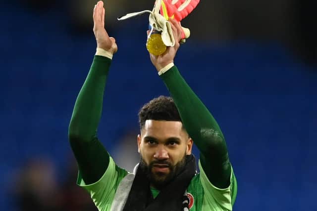 Cardiff, Wales, 4th December 2021. Wes Foderingham of Sheffield Utd celebrates the win  during the Sky Bet Championship match at the Cardiff City Stadium, Cardiff. Picture credit should read: Ashley Crowden / Sportimage