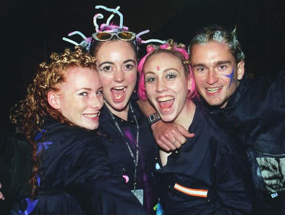 Revellers at Sheffield's Don Valley stadium for the 1999 New Year's Eve Gatecrasher event. From Doncaster are, left to right, Carly Ball, 20, Roz De-aragues, 21, Adele Williams,20 and Dave Twomey, 20.