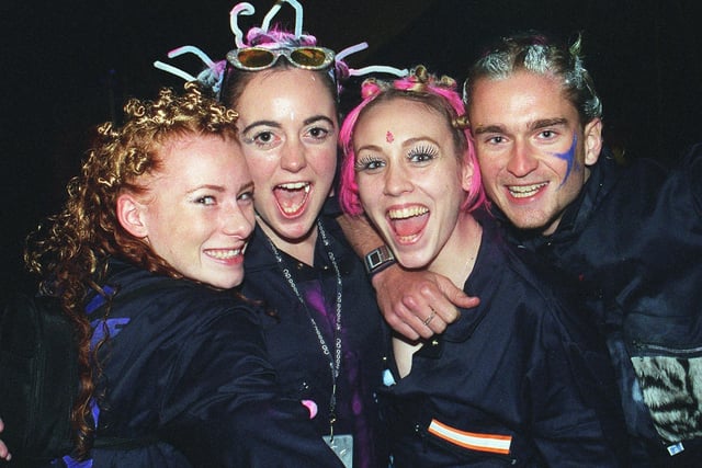 Revellers at Sheffield's Don Valley stadium for the 1999 New Year's Eve Gatecrasher event. From Doncaster are, left to right, Carly Ball, 20, Roz De-aragues, 21, Adele Williams,20 and Dave Twomey, 20.