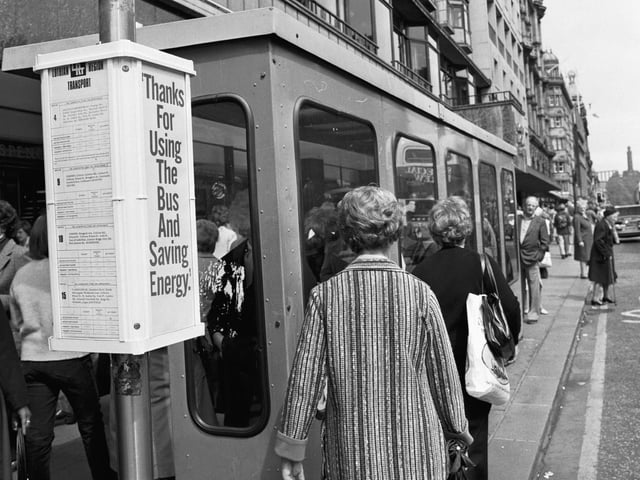 The information board at a Lothian Region Transport (LRT) bus stop in Princes Street Edinburgh, July 1980.