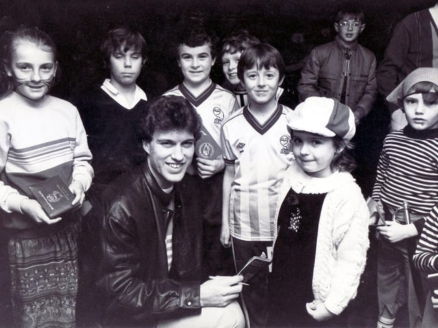 Sheffield Wednesday's Peter Shirtliff pictured with fans at the Young Owls party, January 2, 1985