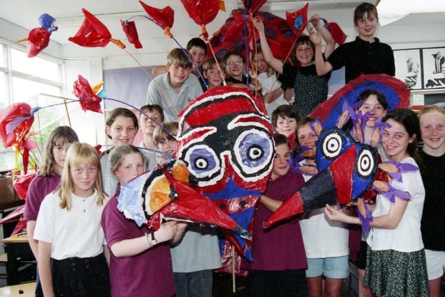 Youngsters from Tapton School showing off the Indian headdress they made for Sheffield Children’s Festival in 1995.