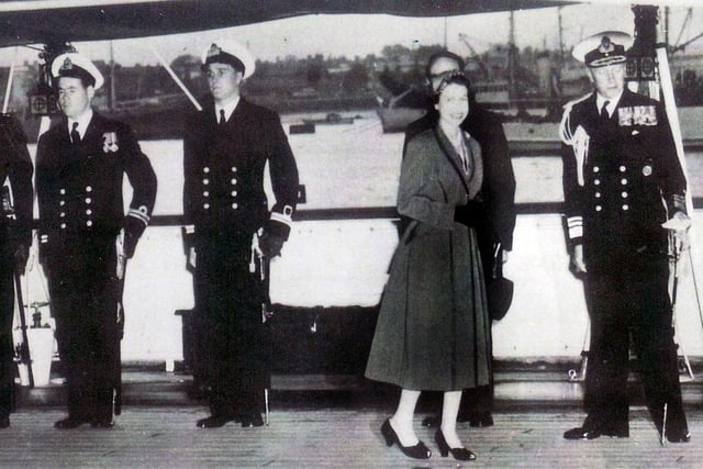 The Queen on board the Royal Navy's Royal Yacht HMS Surprise at the Coronation Fleet Review at Spithead in the Solent in 1953.