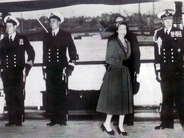 The Queen on board the Royal Navy's Royal Yacht HMS Surprise at the Coronation Fleet Review at Spithead in the Solent in 1953.