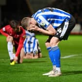 CHELTENHAM, ENGLAND - MARCH 29: Michael Smith of Sheffield Wednesday reacts during the Sky Bet League One between Cheltenham Town and Sheffield Wednesday at Completely-Suzuki Stadium on March 29, 2023 in Cheltenham, England. (Photo by Dan Mullan/Getty Images)