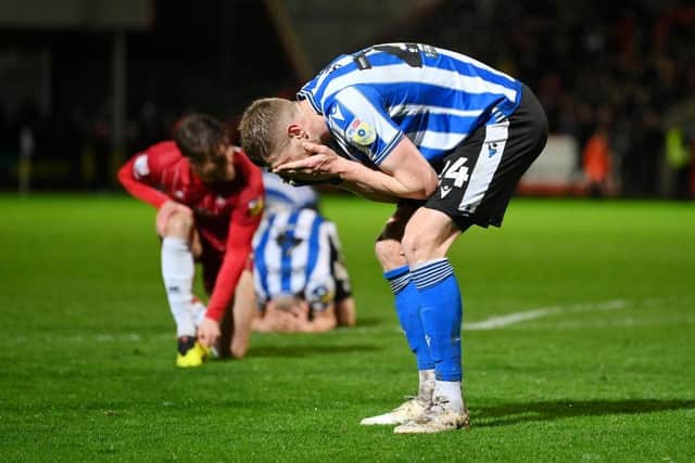 CHELTENHAM, ENGLAND - MARCH 29: Michael Smith of Sheffield Wednesday reacts during the Sky Bet League One between Cheltenham Town and Sheffield Wednesday at Completely-Suzuki Stadium on March 29, 2023 in Cheltenham, England. (Photo by Dan Mullan/Getty Images)