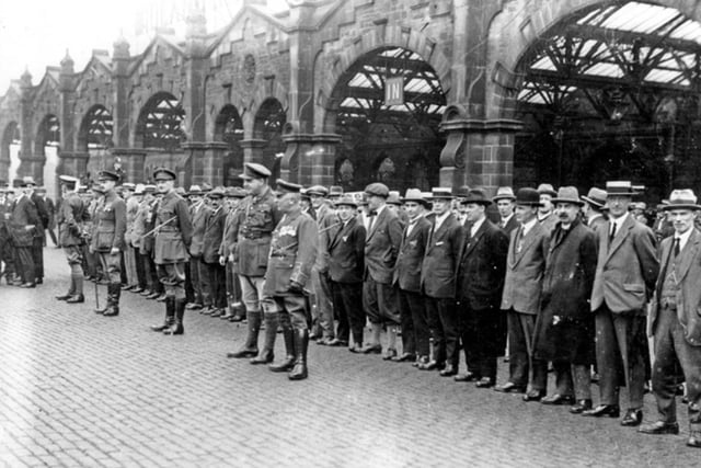 This striking photo from July 7, 1923 shows veteran members of Sheffield City Battalion lined up outside Midland Station before marching to Weston Park for the unveiling of the York and Lancaster memorial