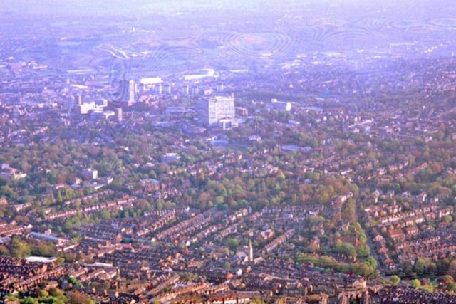 Aerial View of the Broomhill and Broomhall area of Sheffield from a hot air balloon, with the Royal Hallamshire Hospital in the distance
