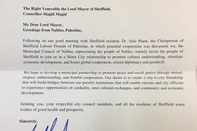 The 2019 letter to Sheffield from the Mayor of Nablus, seeking a twinning arrangement between the two cities