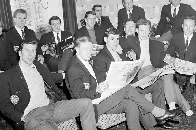 Hearts football team at Turnhouse Airport before they left for a game in Norway in 1965.