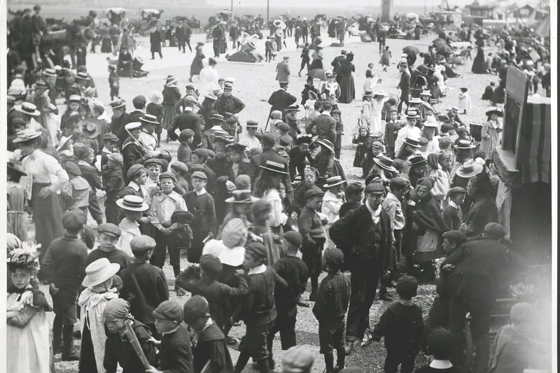 Crowds on the beach at Southsea in the 1890s. Photo by F. J. Mortimer/Hulton Archive/Getty Images