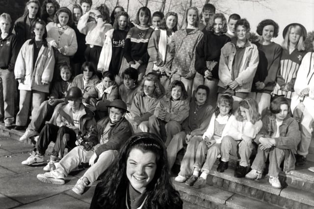 Choreographer, Paula Simpson (15) - foreground pictured with the cast of 'Charlie Smith' at Gleadless Valley School. 14 January 1991.