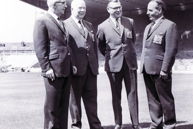 Members of the World Cup Sheffield Liaison Committee are pictured trying out their new suits at Hillsborough in June 1966. Pictured, from left, are Dr Andrew Stephen, chairman of Sheffield Wednesday; Harold Shentall, chairman of committee; Ernest Kangley, secretary of committee and Eric Taylor, secretary and general manager of Wednesday.