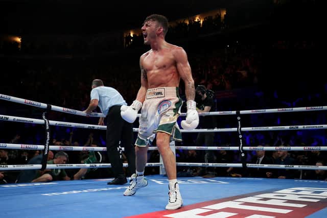 Leigh Wood celebrates following victory during the WBA World Featherweight Title fight between Leigh Wood and Michael Conlan at Motorpoint Arena Nottingham on March 12, 2022 in Nottingham, England. (Photo by Nigel Roddis/Getty Images)