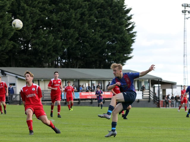 Toby Toman, right, fires over the bar during US Portsmouth's 1-1 draw at Horndean in the Hampshire Development League. Picture: Chris Moorhouse