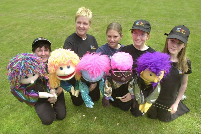 Members of Hisway Puppet Theatre, Deepcar with their puppets at Oughtibridge Gala in 2003 L to R Margaret Harmshaw, Sindie Smith, Nicole Ivy, Emily Smith and Jessica Stewart
