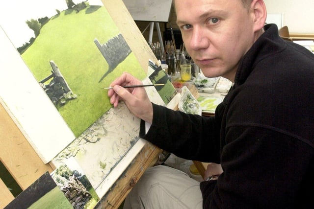 Artist Michael Gaskell at work in his studio at his  Burngreave home in 2001