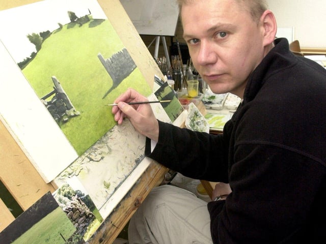 Artist Michael Gaskell at work in his studio at his Burngreave home in 2001