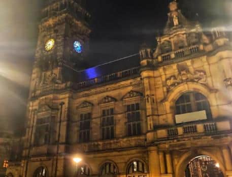Sheffield Town Hall is illuminated in the blue and yellow of the Ukrainian flag to show the council's solidarity with citizens there and its opposition to the Russian invasion