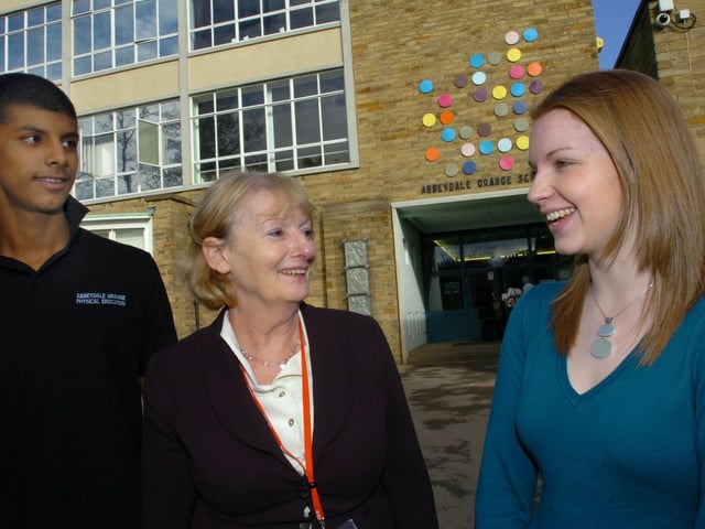 Rashid Hussain (one of the pupils who chose the design), headteacher Cate Bull and designer Laura Fotherby are pictured outside Abbeydale Grange School in October 2007