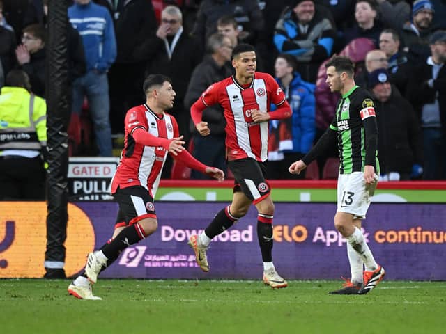 Sheffield United's Will Osula celebrates after scoring the team's second goal during the FA Cup fourth-round tie against Brighton at Bramall Lane. Photo by Clive Mason/Getty Images.