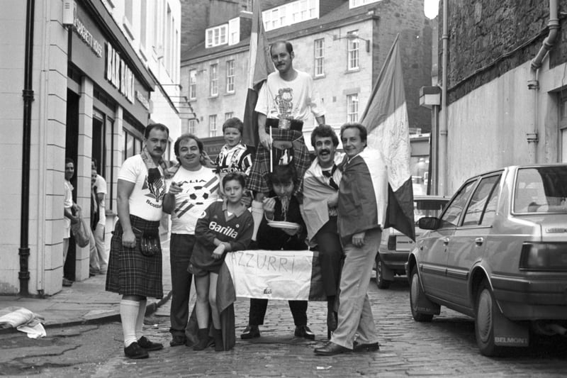 Some of the staff from  Italian restaurant Bar Roma in Edinburgh, wearing kilts in December 1989 to support Scotland in the World Cup 1990.