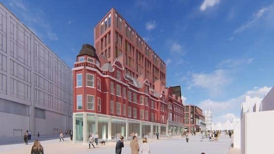 Artists' impression of the Pepper Pot building, which is part of the Heart of the City II scheme. Sheffield Council's planning committee refused the latest plans on the building to save historic chimneys.