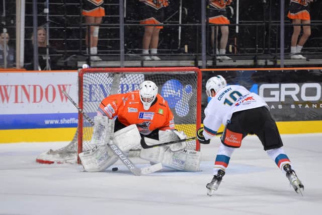 Belfast's Conway powers in a shot on Sheffield's Stojanovic, pic Dean Woolley