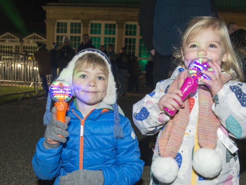 Ethan and May Gosling enjoying Light up the Garden event for Bonfire Night at Sheffield's Botanical Gardens in 2018