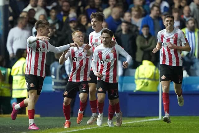 Sunderland's Patrick Roberts (second right) celebrates scoring their side's first goal of the game during the Sky Bet League One play-off semi-final, second leg match at Hillsborough. Picture: Zac Goodwin/PA Wire.