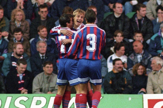 Jurgen Klinsman is congratulated by team-mates after scoring for Bayern Munich in October 1995's UEFA Cup second-round game at Easter Road in Edinburgh against Raith Rovers. Photo: SNS Group