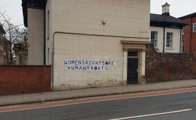 This sign saying 'Women's Rights are Human Rights' was put up by a group of feminist activists earlier this year in Sheffield in wake of Sarah Everard's brutal murder.