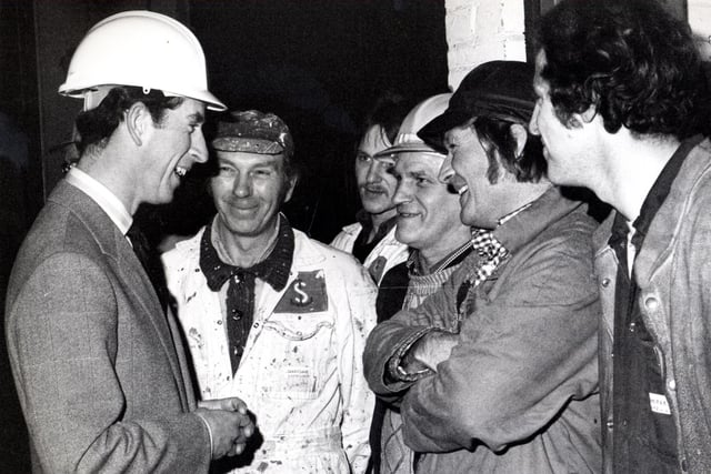 Prince Charles is pictured with painters at Sunderland Shipbuilders' Pallion yard in November 1979.