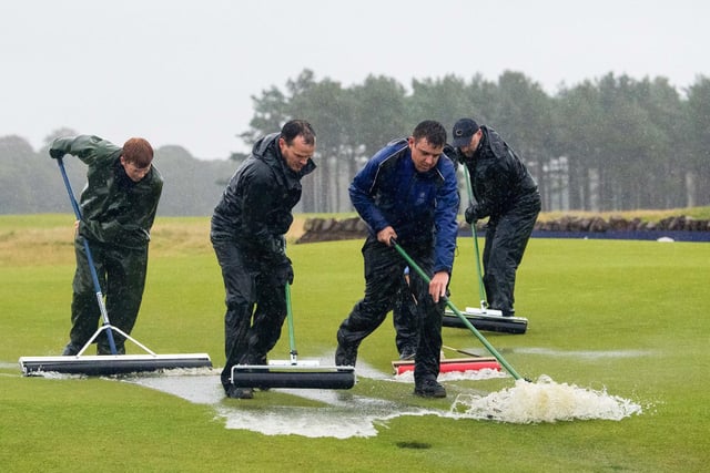 Water is cleared from the 18th green during the Aberdeen Standard Investments  Scottish Open (day three) at the Renaissance Club on October 3 in North Berwick, Scotland.