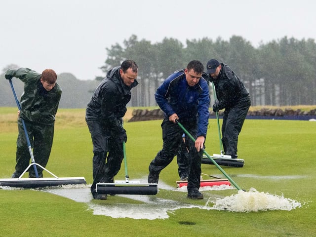 Water is cleared from the 18th green during the Aberdeen Standard Investments Scottish Open (day three) at the Renaissance Club on October 3 in North Berwick, Scotland.