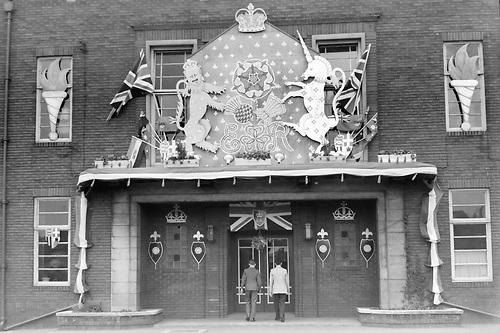 The main entrance to Dyke House school decorated for the 1953 Coronation. Photo: Hartlepool Museum Service.