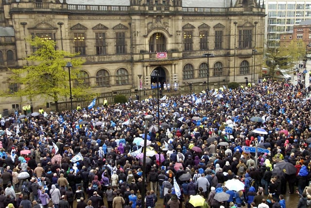 The crowds gather for the Sheffield Wednesday Civic Party at the Town Hall after gaining automatic promotion to the Championship. May 9, 2012