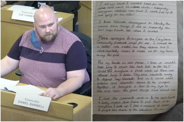 Former councillor Daniel Barwell has penned a letter saying sorry to residents.