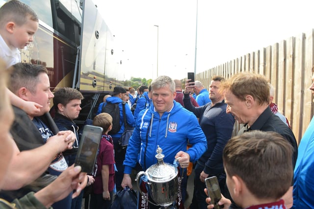 South Shields return to Mariners Park with FA Vase. Joint manager Graham Fenton holds the cup