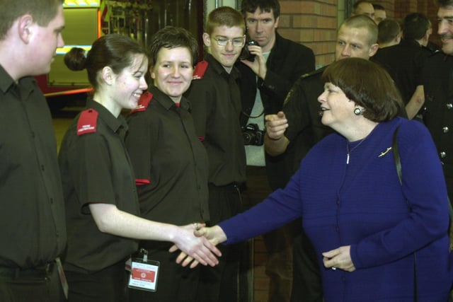 Ann Widecombe, shadow home secretary at the South Yorkshire fire and rescue headquarters, Wellington Street, Sheffield met young firefighter Jane Courtney in 2001
