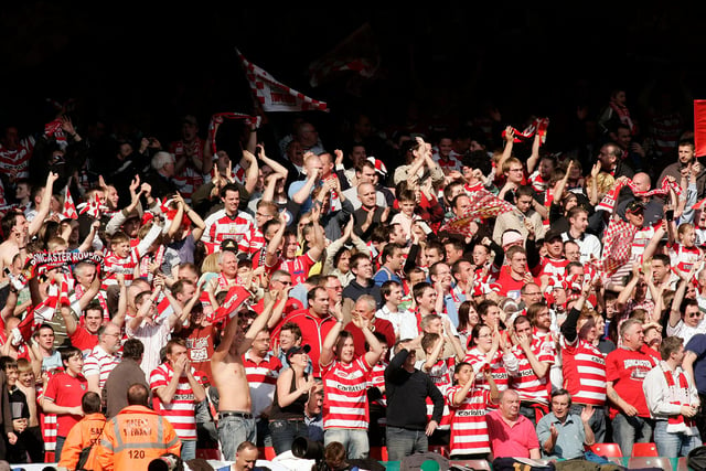 Doncaster Rovers supporters at the Millennium Stadium in Cardiff for the Johnstone's Paint Trophy final.