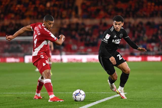 Sheffield United's Morgan Gibbs-White beats Marcus Tavernier of Middlesbrough to the ball (photo by Stu Forster/Getty Images)