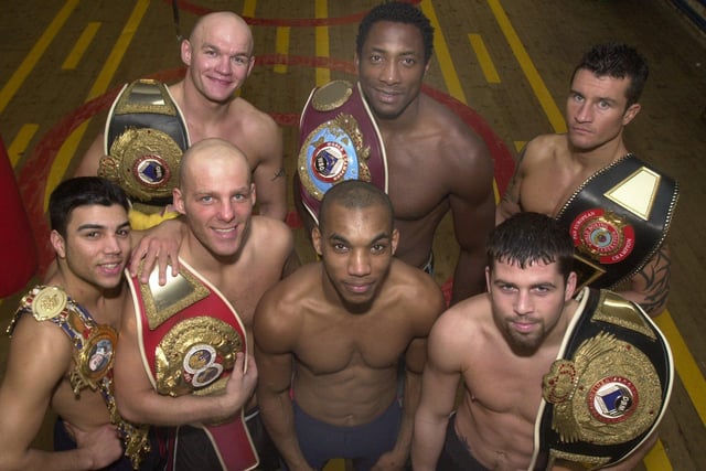 Pictured at the  Newman Road gym, Woncobank, in 2001, where seven local boxers were seen with their belts. LtoR front  are, Esam Pickering, Ryan Rhodes, Junar Witter, and Gavin Down. Back LtoR, John Keeton, Johnny Nelson, and Damon Hague.