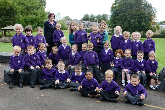 New reception class pupils at  Swansfield Park First School in Alnwick  with Jennifer Swales, Ewelina Sapor and Amy Smith.