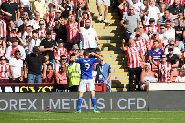 Sheffield Wednesday supporter Jamie Vardy celebrates his goal for Leicester at Bramall Lane earlier this season.