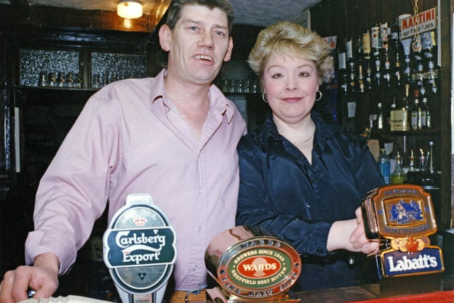 The Station Hotel pub on Attercliffe Road, Sheffield, in March 1993. Pictured behind the bar are Paul and Helen Elsworth