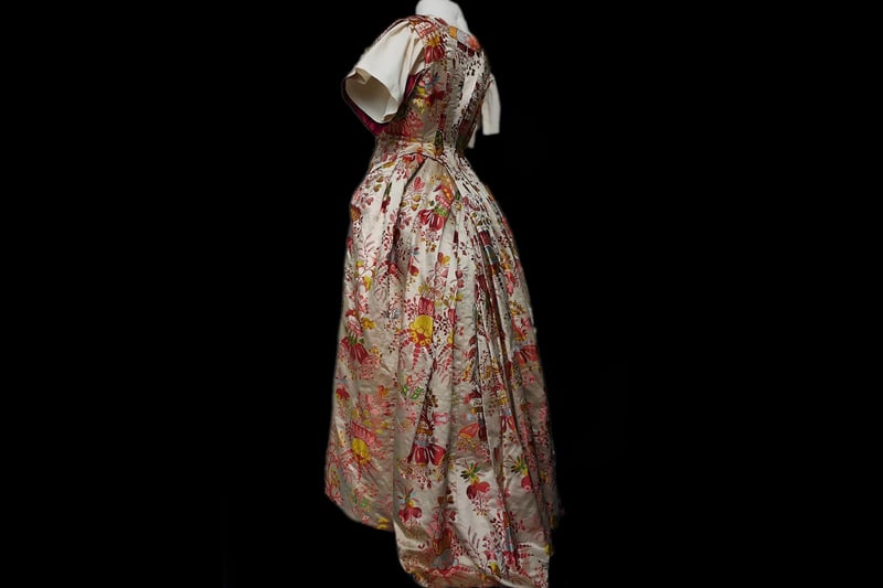Once belonging to Katherine Gray of Overskibo, Dornoch, this dress has been donated by her descendants in Australia. It is said to have been worn to a ball attended  by Bonnie Prince Charlie as well as to official events in Jamaica by the wife of local minister, Reverend Murray, who was posted to the island in the late 18th Century.