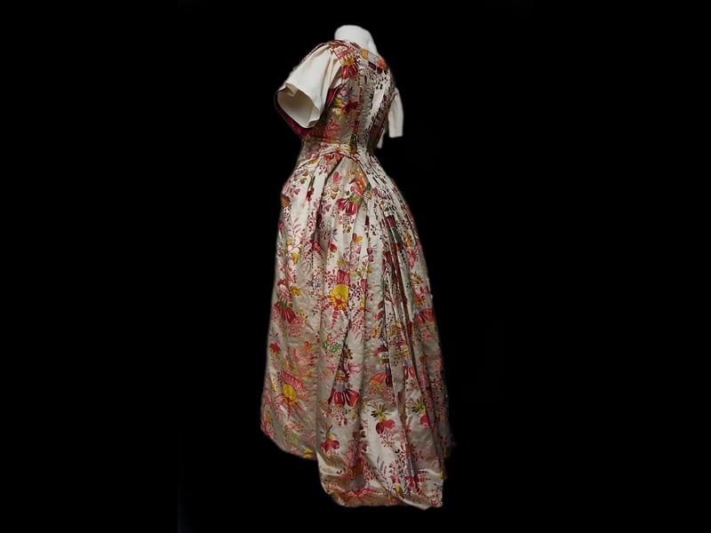 Once belonging to Katherine Gray of Overskibo, Dornoch, this dress has been donated by her descendants in Australia. It is said to have been worn to a ball attended by Bonnie Prince Charlie as well as to official events in Jamaica by the wife of local minister, Reverend Murray, who was posted to the island in the late 18th Century.